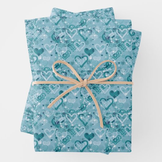  Sky Blue Hearts Flat Wrapping Paper Sheets (In situ)