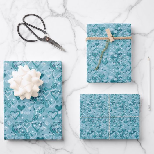 Sky Blue Hearts Flat Wrapping Paper Sheets (Voorkant)