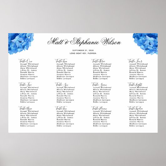 Sky Blue Hydrangea Wedding Table Seating Chart Poster (Voorkant)
