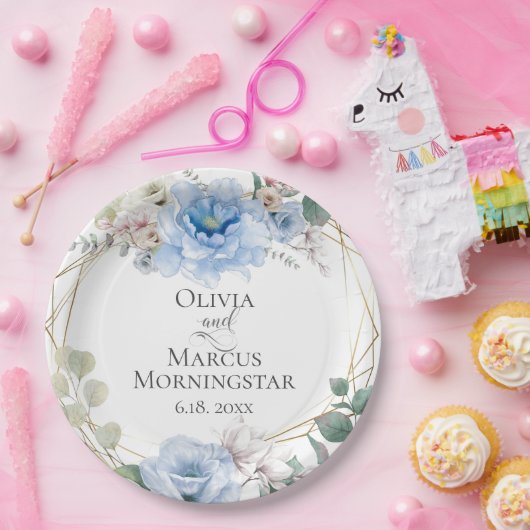 Sky Blue Magnolia en Peony Summer Wedding Papieren Bordje (Feest)