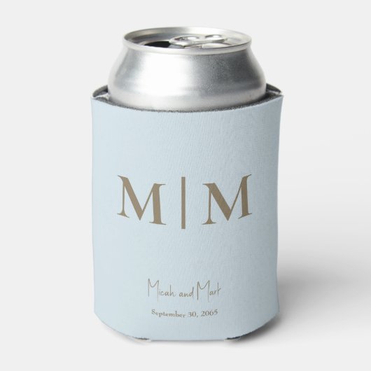Sky Blue Monogram en Namen Bruiloft Koelbox Blikjeskoeler (Blikje Voorkant)