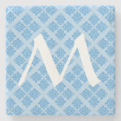 Sky Blue Moroccan Damask met Monogram Stenen Onderzetter (Voorkant)