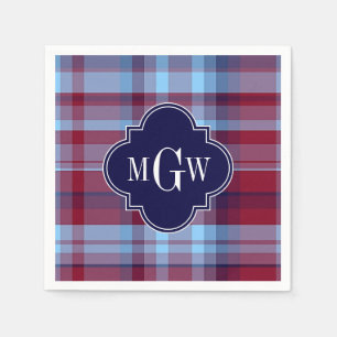 Sky Blue Navy Burgundy Preppy Madras Monogram Servetten