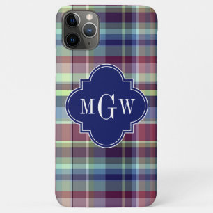 Sky Blue Navy Burgundy Wht Preppy Madras Monogram iPhone 11 Pro Max Hoesje