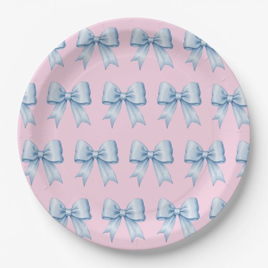Sky Blue op Roze  Satin Bow Pattern Papieren Bordje (Voorkant)