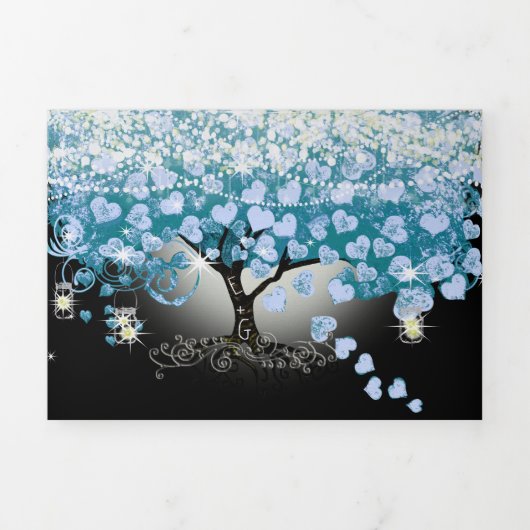 Sky Blue Pastel Hart Blad Boom Bruiloft Drieluik Uitnodiging (Cover)