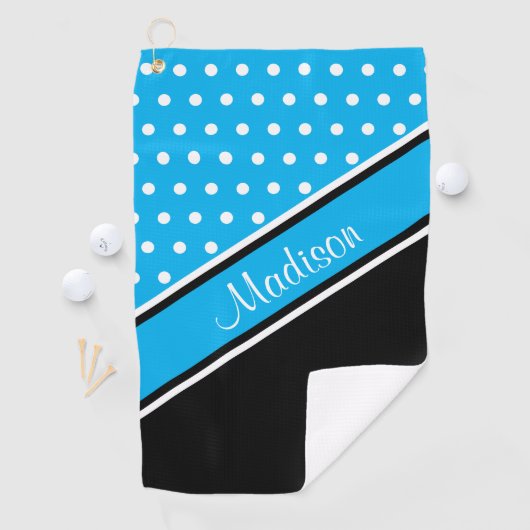 Sky Blue Polka Dot Black Diagonal Script Name Golfhanddoek (Insitu)