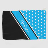 Sky Blue Polka Dot Black Diagonal Script Name Golfhanddoek (Horizontaal)