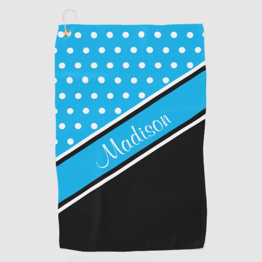 Sky Blue Polka Dot Black Diagonal Script Name Golfhanddoek (Voorkant)