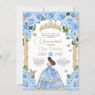 Sky Blue Roos Bloemen Gouden Vlinder Quinceanera Kaart