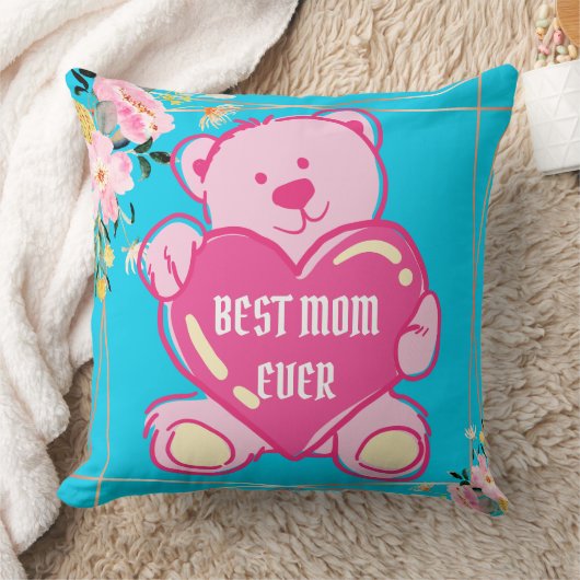 Sky Blue Roze Schattige Teddy Bear Hart Bloemen De Kussen (Deken)