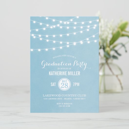 Sky Blue String Lights Graduation Party Invitation (Debout devant)