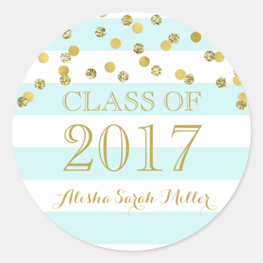 Sky Blue Stripe Gold Confetti Afstuderen 2017 Ronde Sticker (Voorkant)