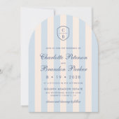 Sky Blue Stripes Monogram Crest Wedding Kaart (Voorkant)