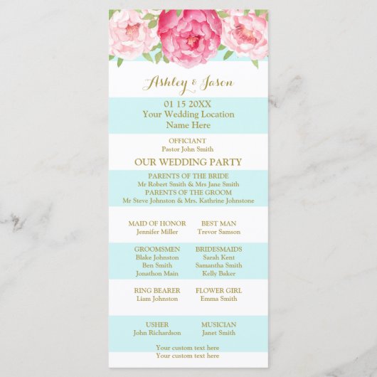 Sky Blue Stripes Roze Waterverf Trouwprogramma Programma (Achterkant)