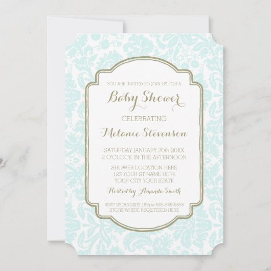 Sky Blue Tan Damask Custom Baby Shower Invitations (Dos)