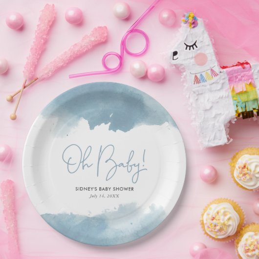 Sky Blue Waterverf Baby shower Papieren Bordje (Feest)