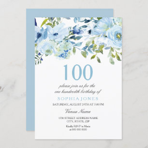 Sky Blue Waterverf Flowers 100th Birthday Party Kaart