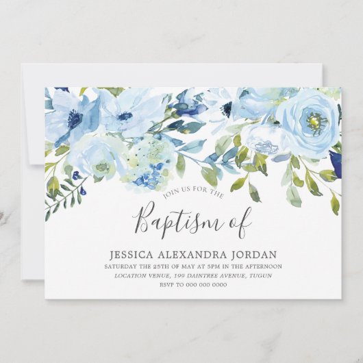 Sky Blue Waterverf Flowers Baptism Christening Kaart (Voorkant)