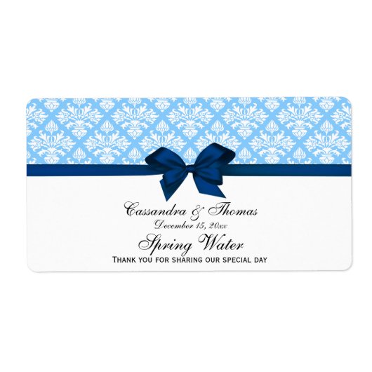 Sky Blue, White Damask Water Label, Navy Bow Etiket (Voorkant)