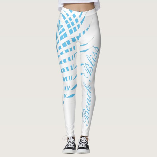 Sky Blue White Palm Tree Leaf Beach Cool Leggings (Voorkant)