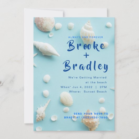 Sky Blue White Seashells Beach Wedding Kaart (Voorkant)