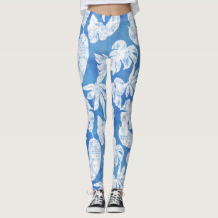 Sky Blue White Tropical Leaf Beach Ocean Leggings