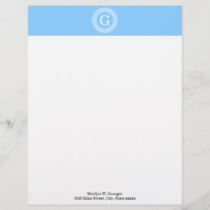 Sky Blue Wht Grieks Sleutel Rnd Lijst Initiaal Mon Gepersonaliseerd Briefhoofd