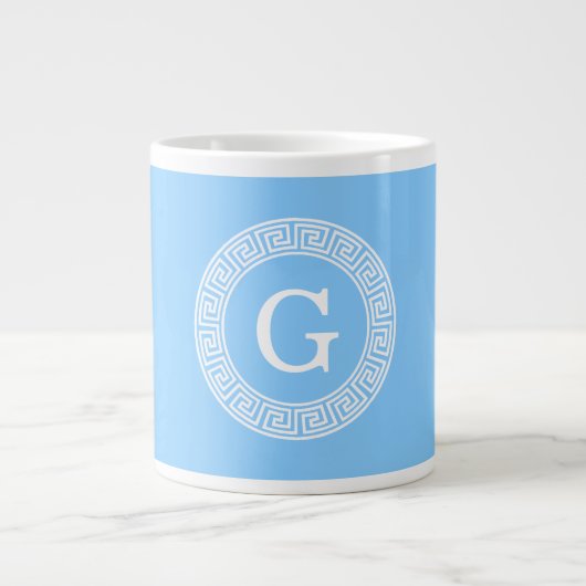 Sky Blue Wht Grieks Sleutel Rnd Lijst Initiaal Mon Jumbo Beker (Voorkant)