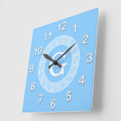 Sky Blue Wht Grieks Sleutel Rnd Lijst Initiaal Mon Vierkante Klok (Hoek)