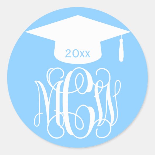 Sky Blue Wt Vine Script Monogram Afstuderen DIY BG Ronde Sticker (Voorkant)
