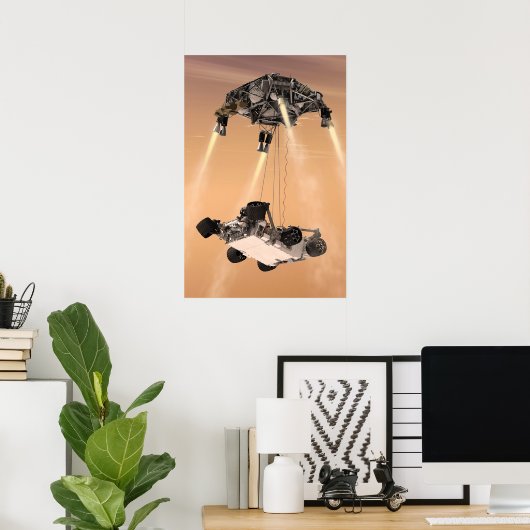 Sky Crane manoeuvre tijdens Curiosity's Mars afdal Poster (Thuiskantoor)