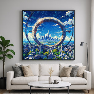 Sky Gate - futuristische stadsillustratie stijl ku Poster