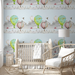 Sky of Clouds Hete Luchtballonnen Vogels Groen Bla Behang