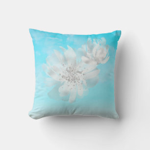 ** Sky Ombre Wolken Witte Bloemen Glitter Blauw Kussen