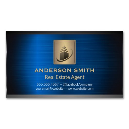 Sky Scraper Building | Blauwe metallic achtergrond Magnetisch Visitekaartje (Voorkant)