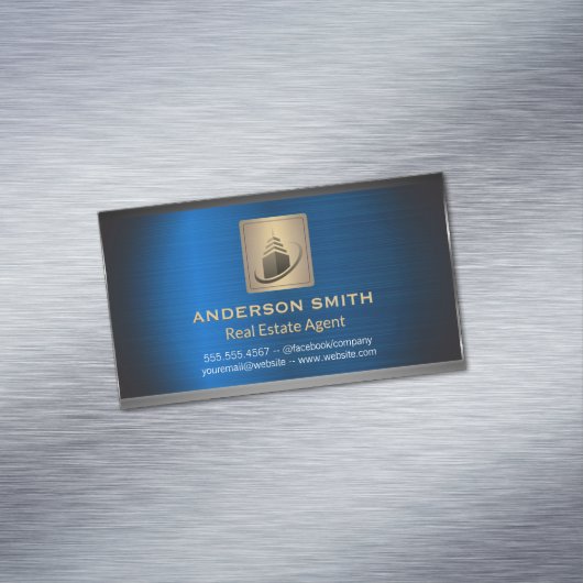 Sky Scraper Building | Blauwe metallic achtergrond Magnetisch Visitekaartje (Voorbeeld)