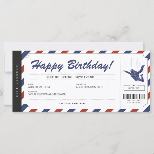 Skydiving Birthday Gift Ticket Voucher Certificate (Voorkant)