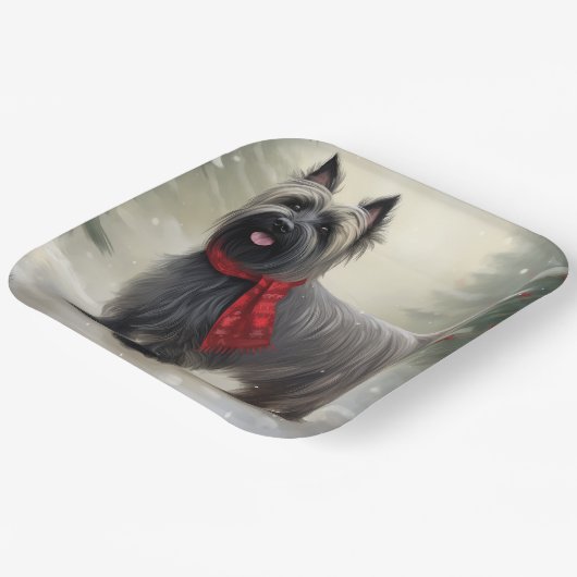 Skye Terrier Hond in Sneeuw Kerstmis Papieren Bordje (Gebogen)