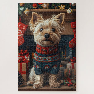 Skye Terrier-hond met kerstcadeaus bij de open haa Legpuzzel