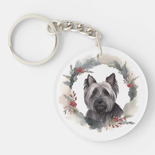 Skye Terrier Kerstkrans Feestelijke Pup Sleutelhanger (Voorkant)
