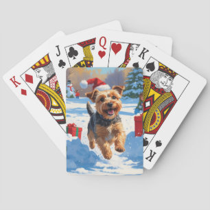 Skye Terrier Rent in de Sneeuw met Kerstmuts Pokerkaarten