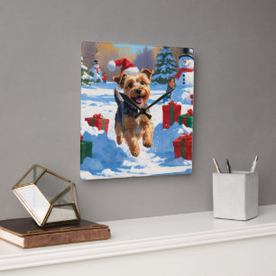 Skye Terrier Rent in de Sneeuw met Kerstmuts Vierkante Klok