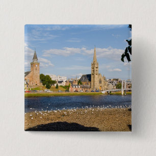 Skyline and river of quaint town of Inverness Vierkante Button 5,1 Cm