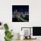 Skyline of Miami city with bridge at night Poster (Thuiskantoor)