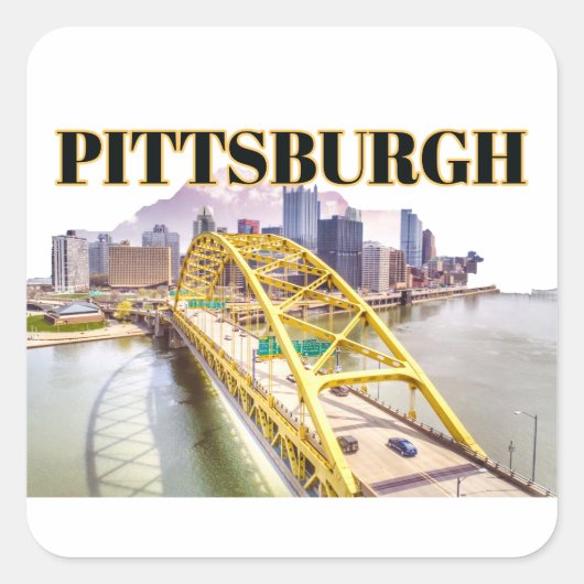 Skyline van Pittsburgh en Fort Pitt Bridge Vierkante Sticker (Voorkant)