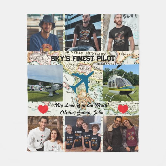 'Sky's Finest Pilot' Fotocollage, Vliegtuig & Kaar Fleece Deken (Voorkant)