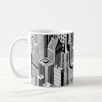 Skyscraper stad illustratie, isometrische naadloze koffiemok