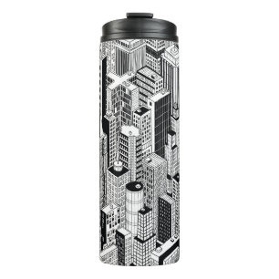 Skyscraper stad illustratie, isometrische naadloze thermosbeker
