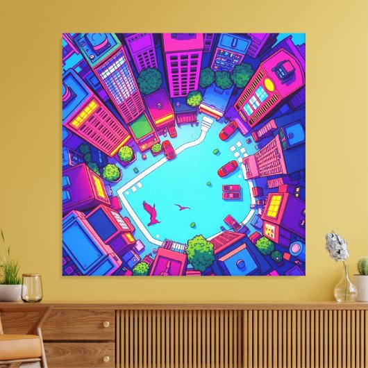 Skyview City – Neon Pop Art Urban Landscape Canvas Afdruk (Insitu (Woonkamer))